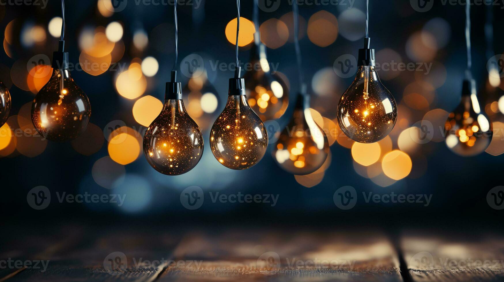 holiday illumination and decoration concept - christmas garland bokeh lights over dark blue background.ai generative photo