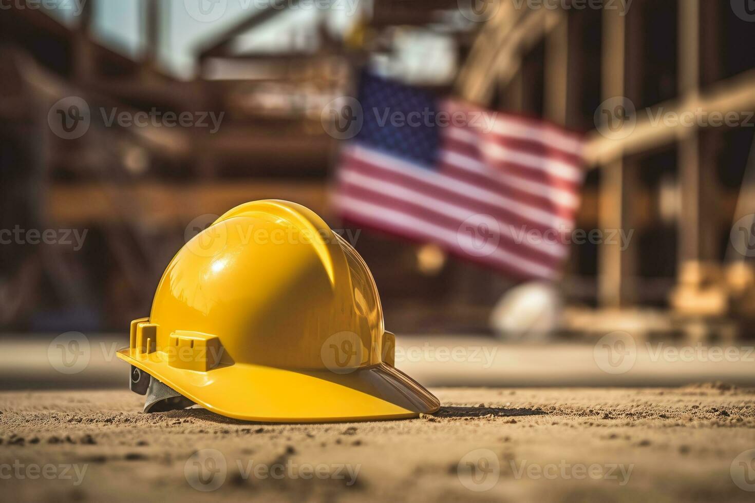 yellow protective helmet of the worker, on the background of the American flag, labor day. ai generative. photo