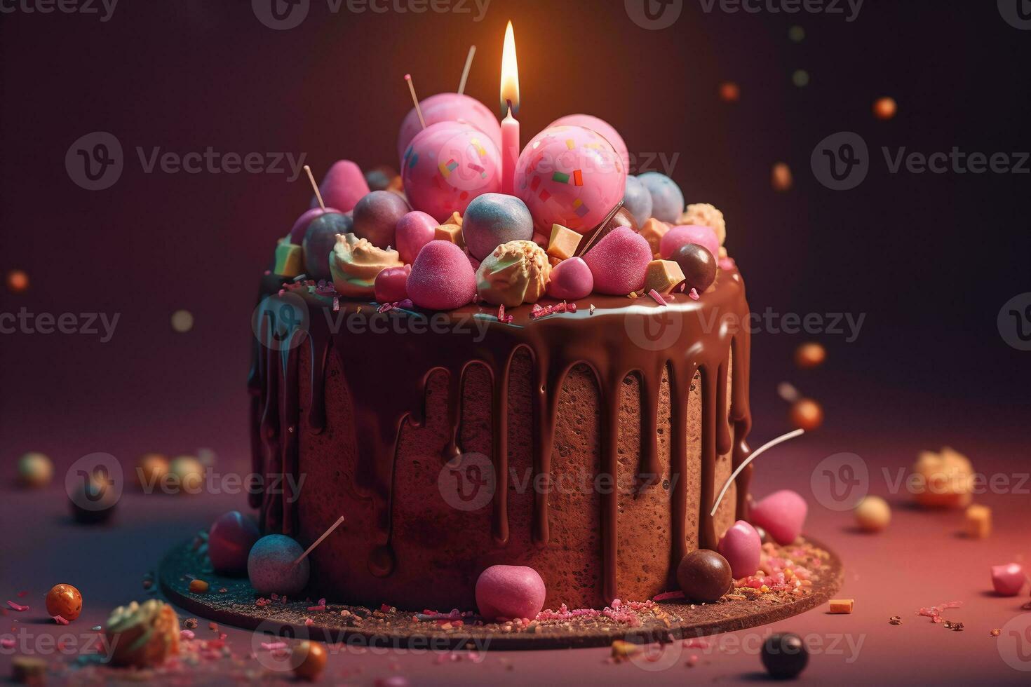 colorful festive birthday cake with lots of icing and decor elements. ai generative photo