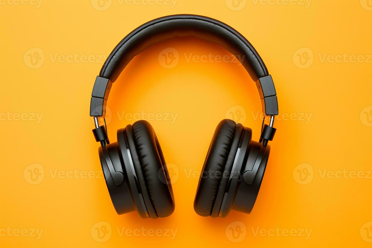 Retro old-fashioned black headphones on vibrant orange background. Flat lay top down view.ai generative photo