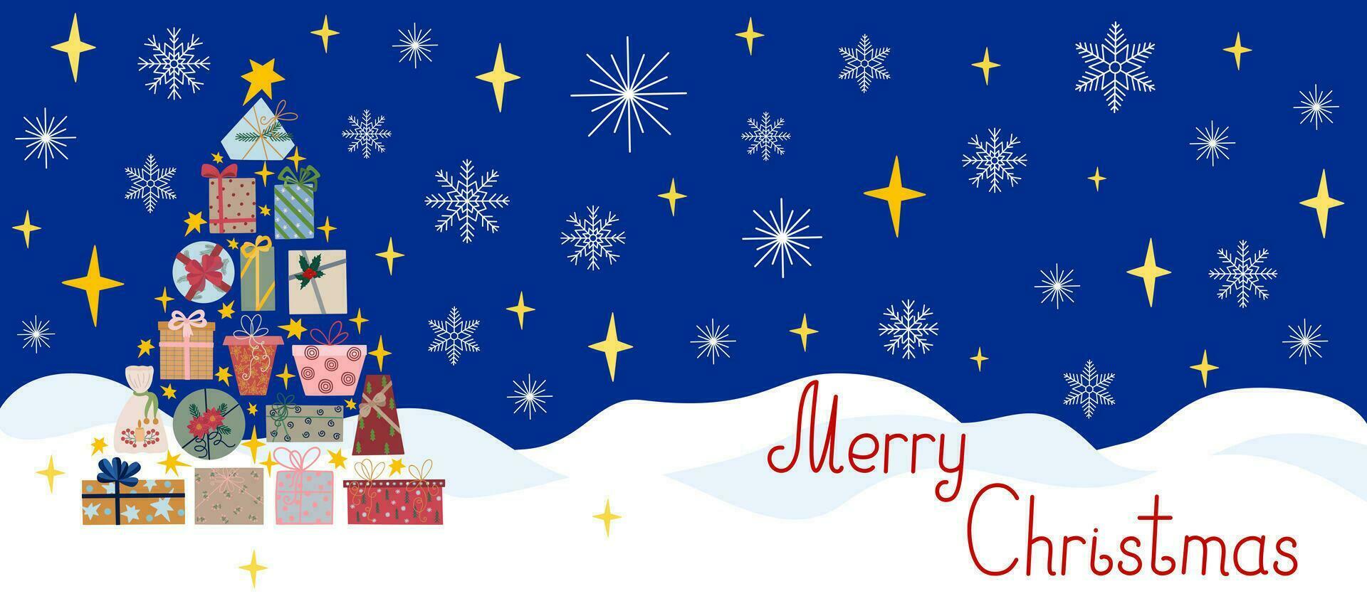 Merry Christmas holiday celebration template for greeting card, poster, banner, invitation, tree of gifts, night sky, stars, snowflakes on a snowy winter night landscape, season's greeting vector