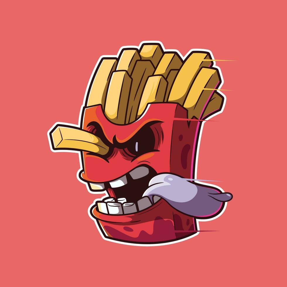 francés papas fritas monstruo personaje con enojado cara vector ilustración. aterrador, rápido alimento, gracioso diseño concepto.