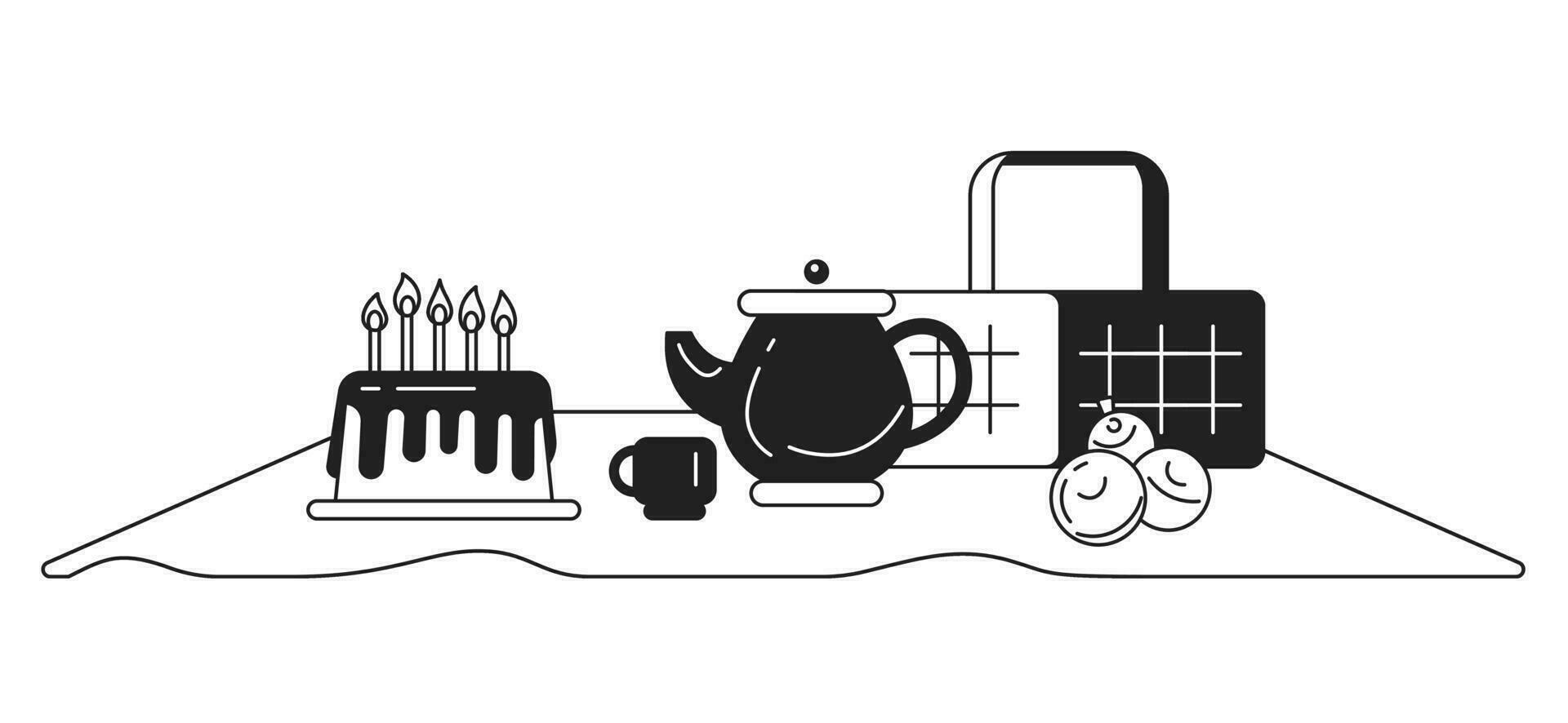 Picnic set monochrome concept vector spot illustration. Birthday cake. Blanket and basket 2D flat bw cartoon objects for web UI design. Isolated editable creative image