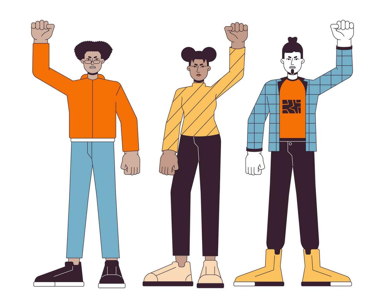 Multinational people peaceful demonstration flat line color vector characters. Raising hand. Editable outline full body person on white. Protest simple cartoon spot illustration for web graphic design