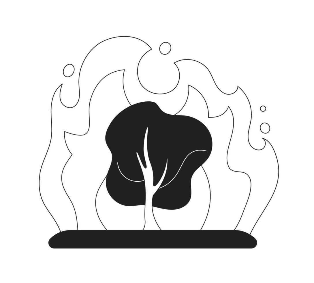 Burning tree monochrome flat vector object. Fire in forest. Natural disaster. Editable black and white thin line icon. Simple cartoon clip art spot illustration for web graphic design