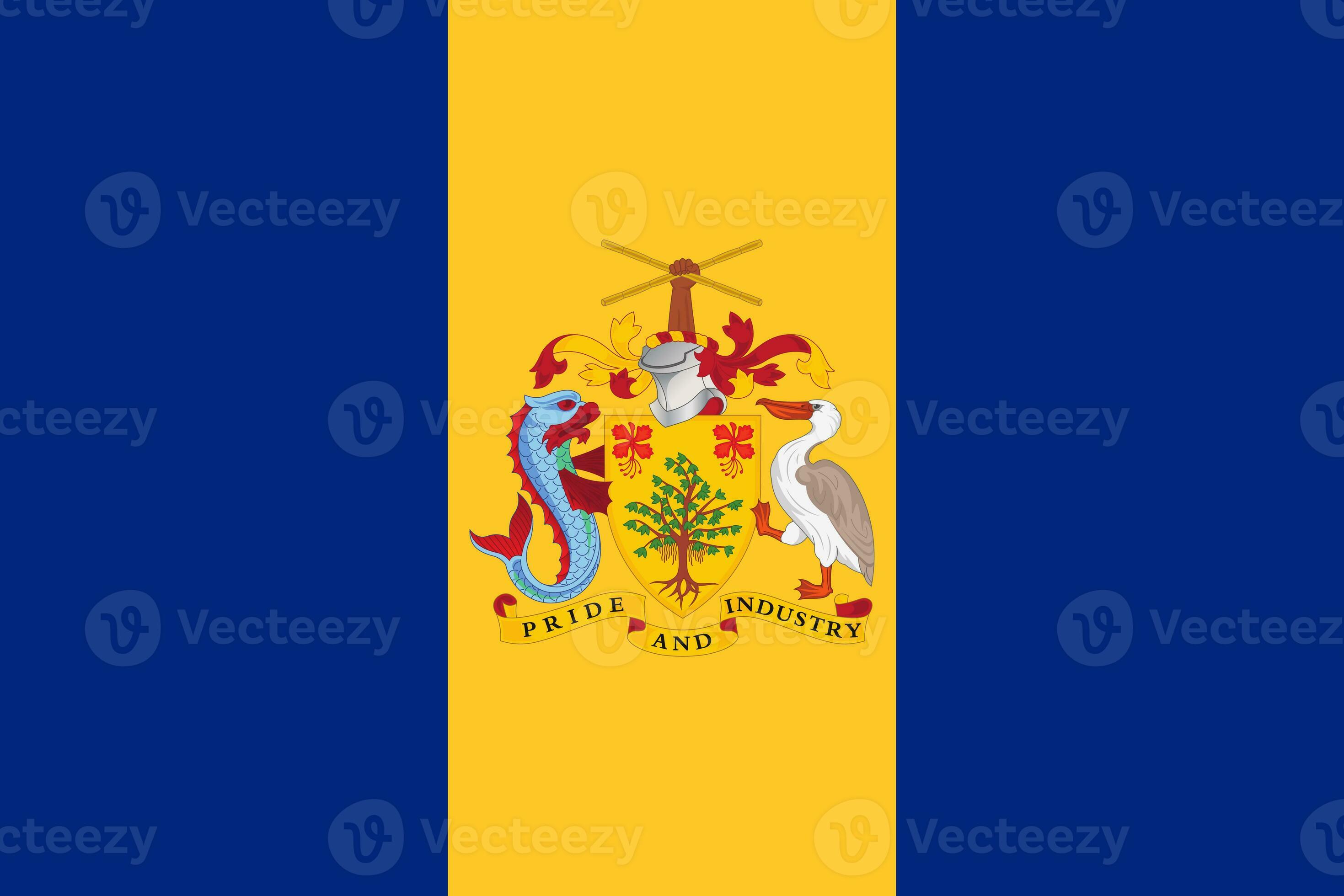 The official current flag and coat of arms of Barbados. State flag of Barbados. Illustration