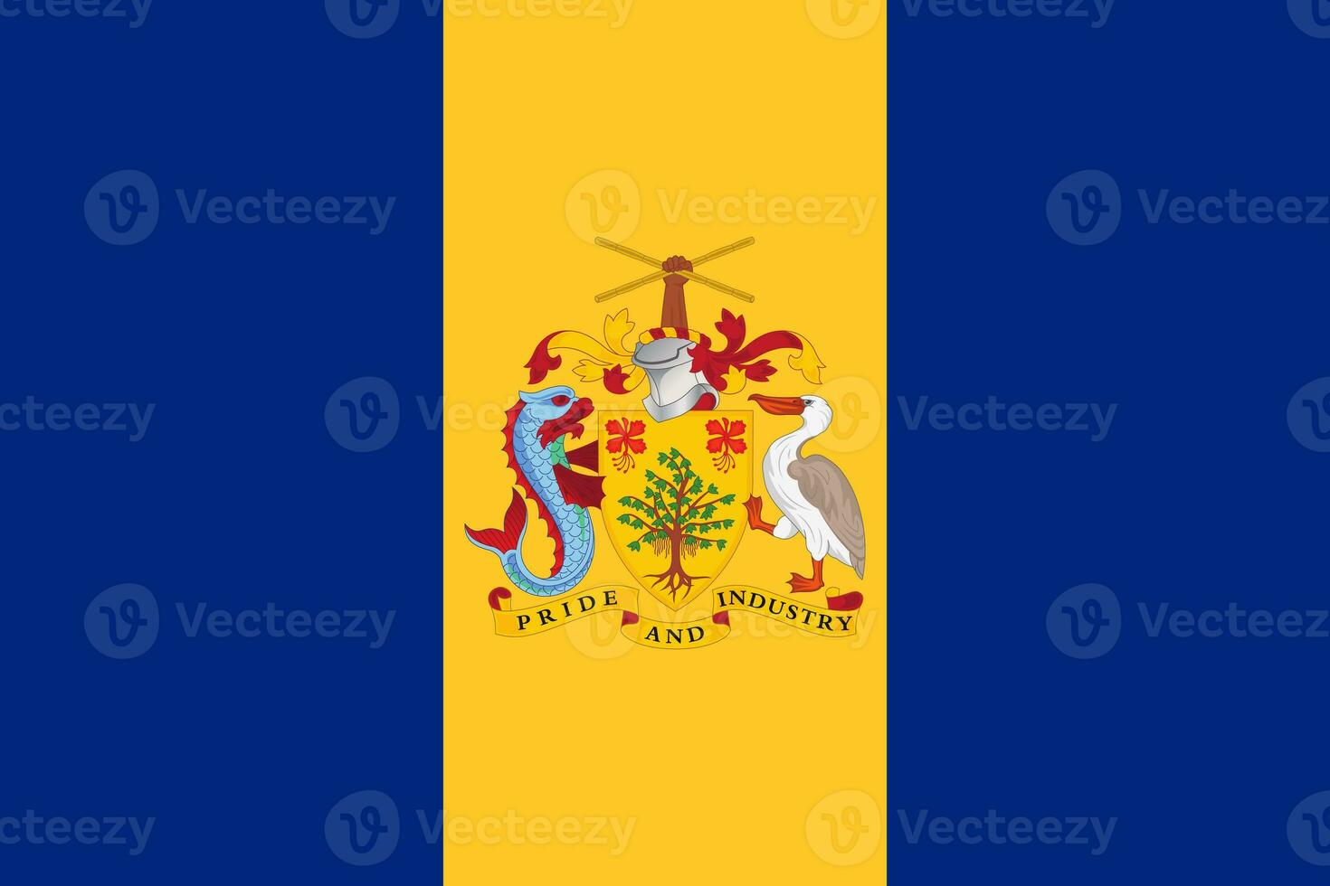 The official current flag and coat of arms of Barbados. State flag of Barbados. Illustration. photo