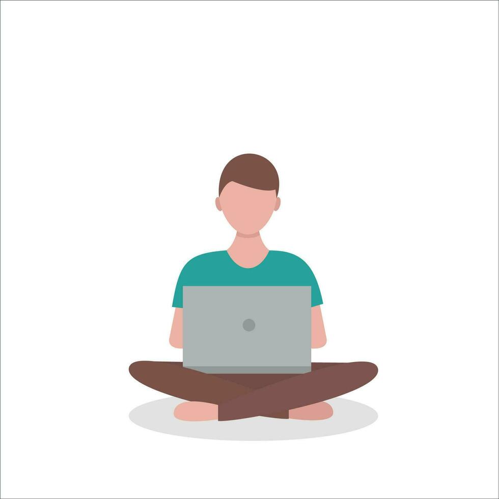 Young man sitting on the floor with laptop. Freelance, online studying, home office. Flat cartoon vector illustration.