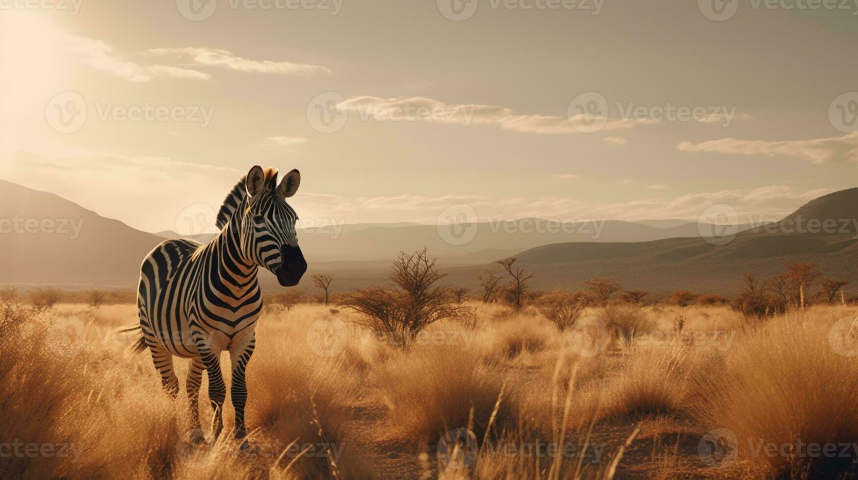 cebra en el antecedentes de el africano sabana, caliente día, animales de África. ai generativo foto