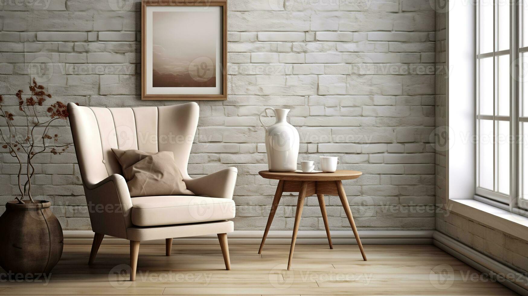 Wing chair near rustic wooden coffee table. Interior design of scandinavian living room with frames.ai generative photo