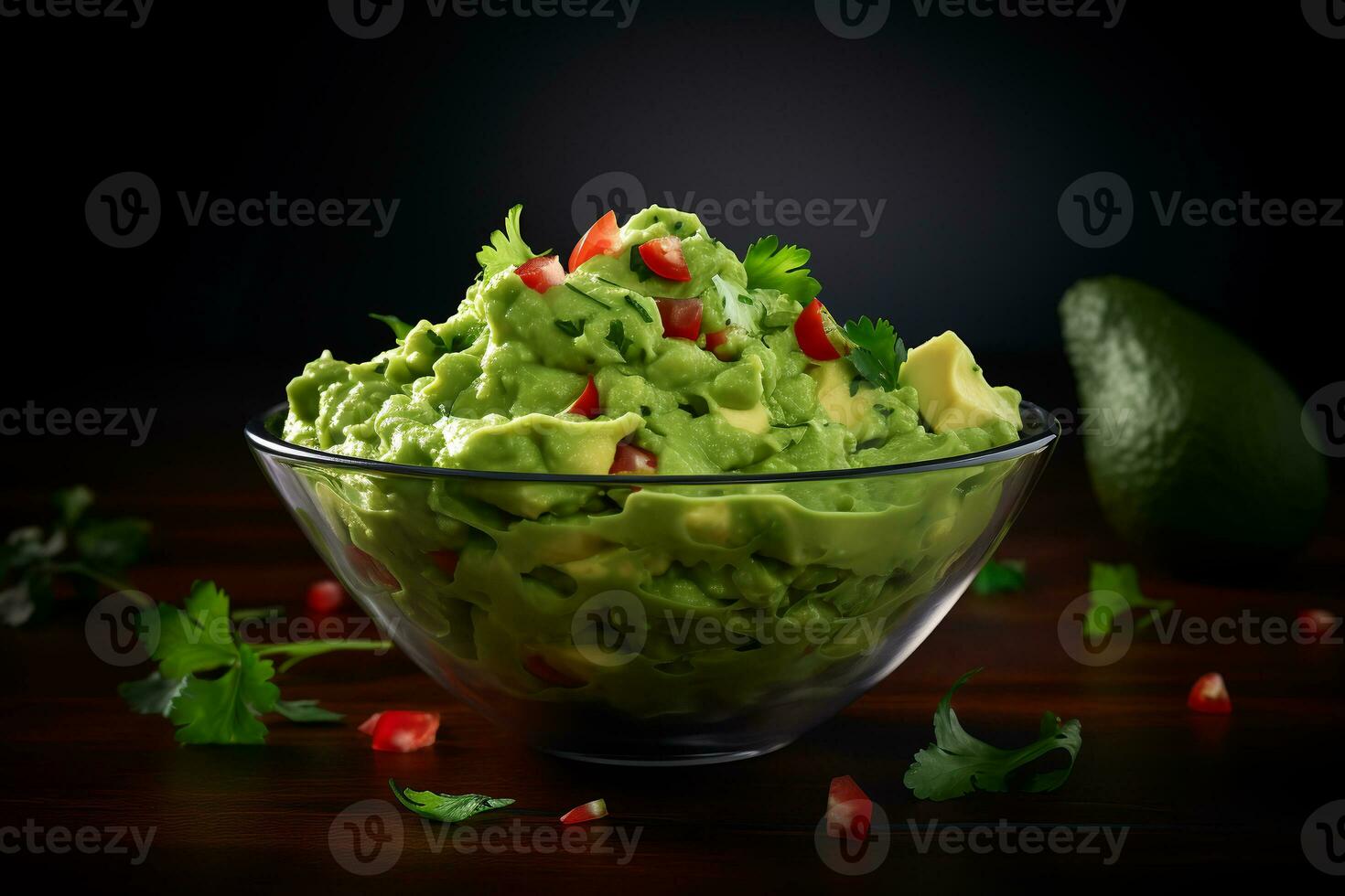 un cuenco de guacamole, oscuro fondo.ai generativo foto