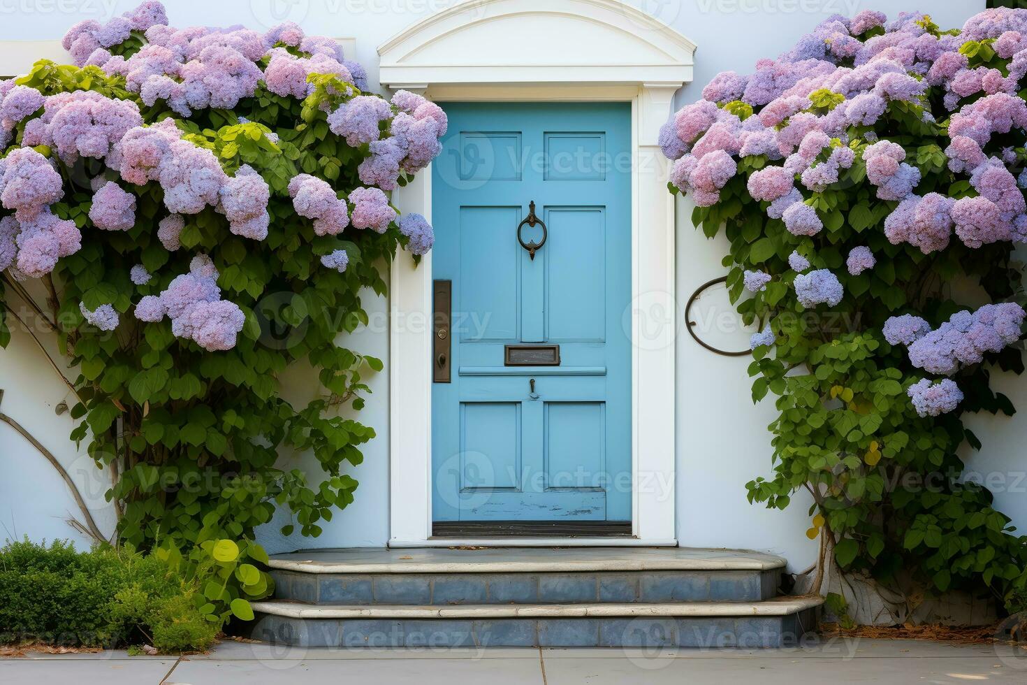 un frente Entrada de un hogar con un azul puerta.ai generativo foto