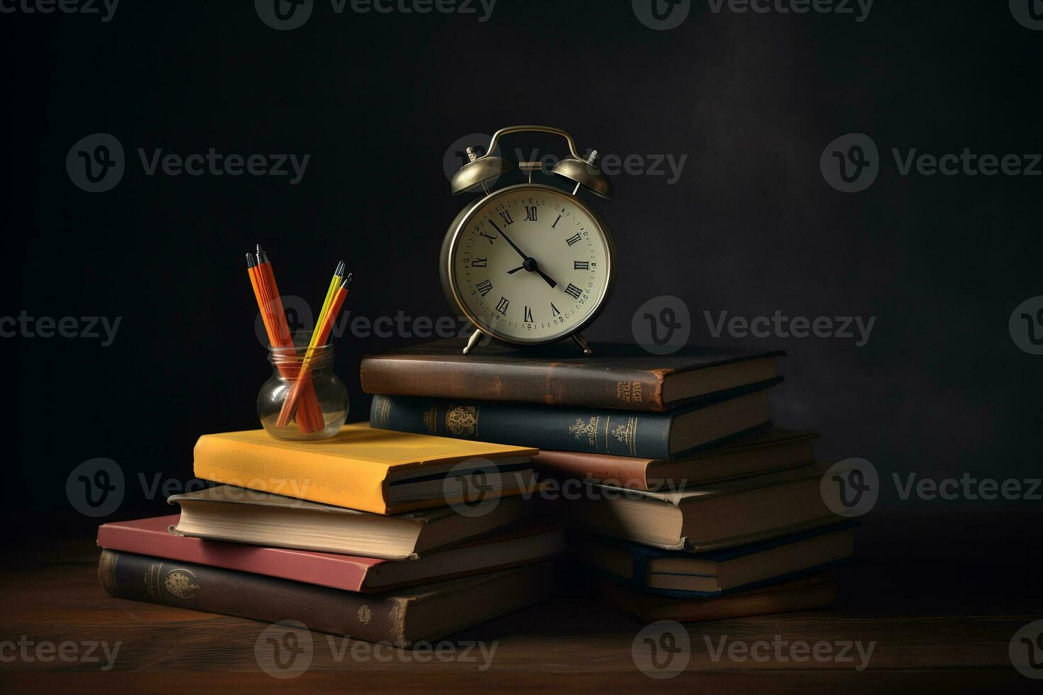 a stack of books and an alarm clock on a wooden table. the concept of getting education. ai generative photo
