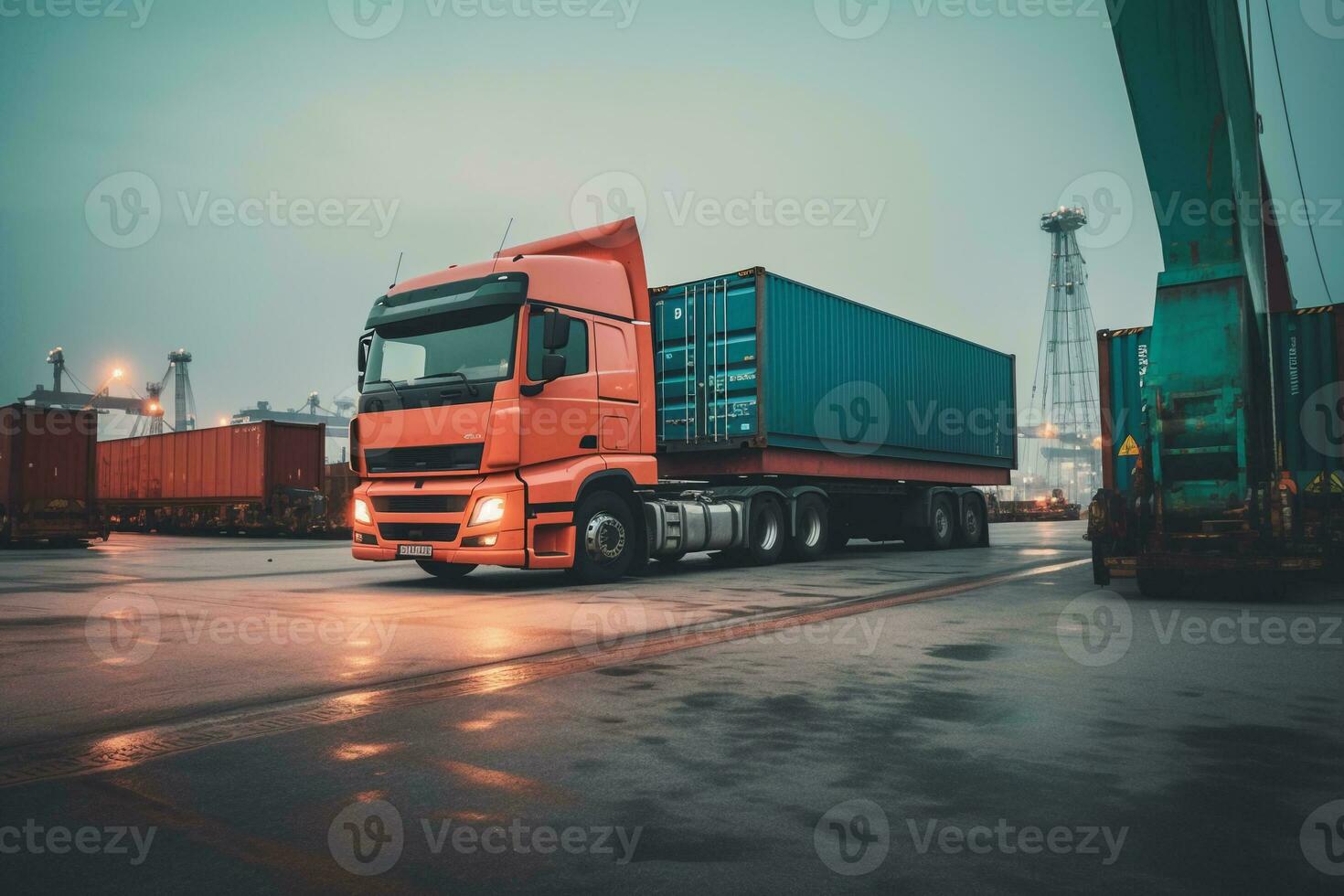 the truck stands in the industrial port against the background of containers during unloading. concept of logistics and delivery service. ai generative photo