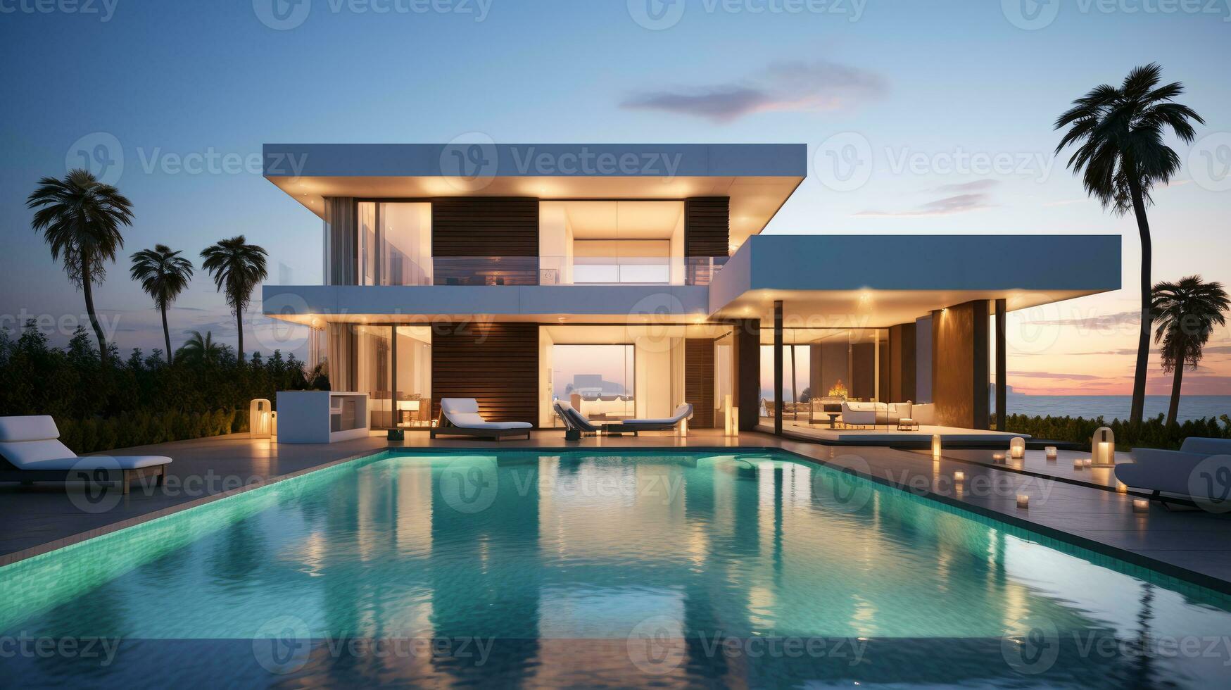 exterior de moderno minimalista cúbico villa con nadando piscina a atardecer.ai generativo foto