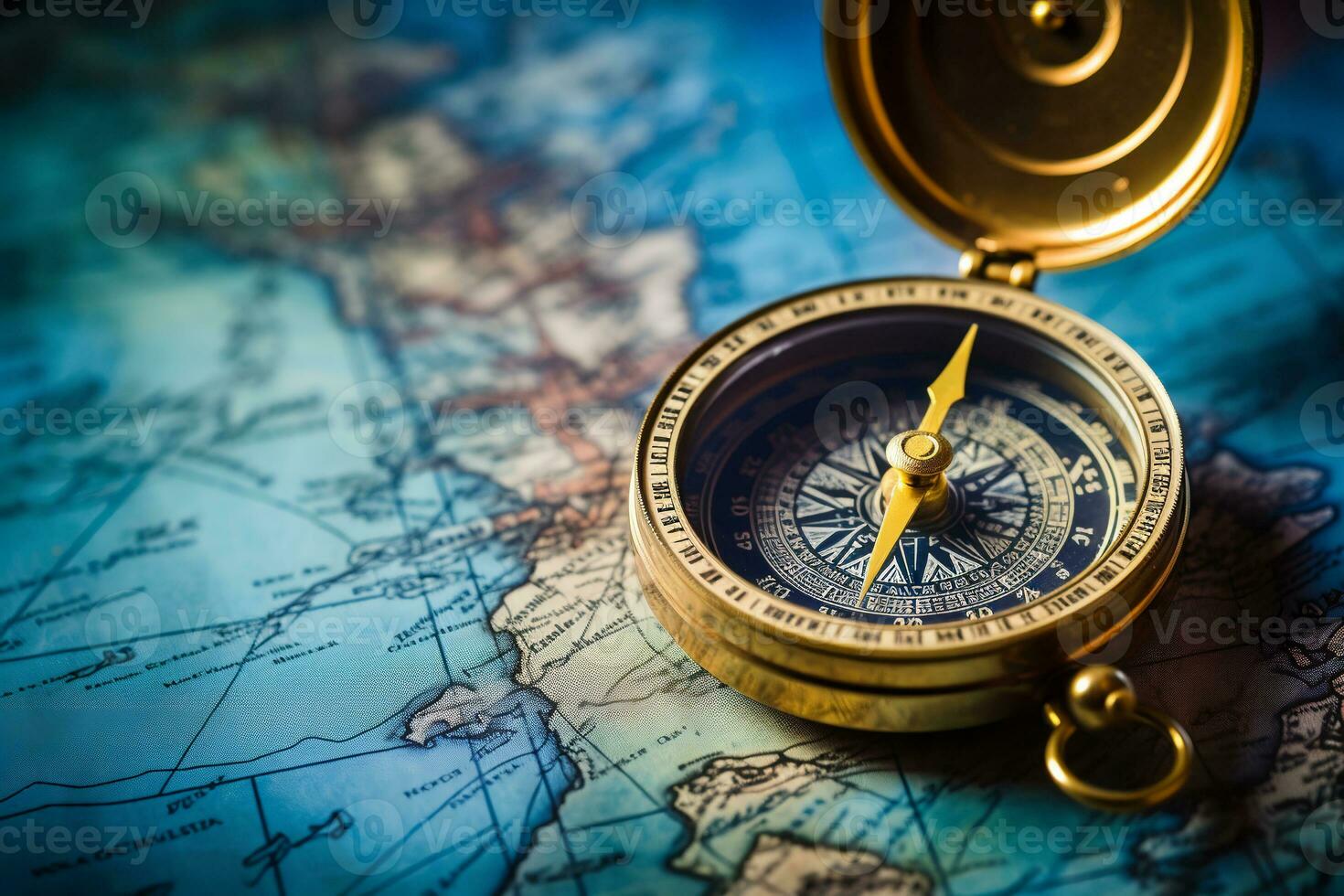 Old antique compass on paper map Blue gold background wallpaper. ai generative photo