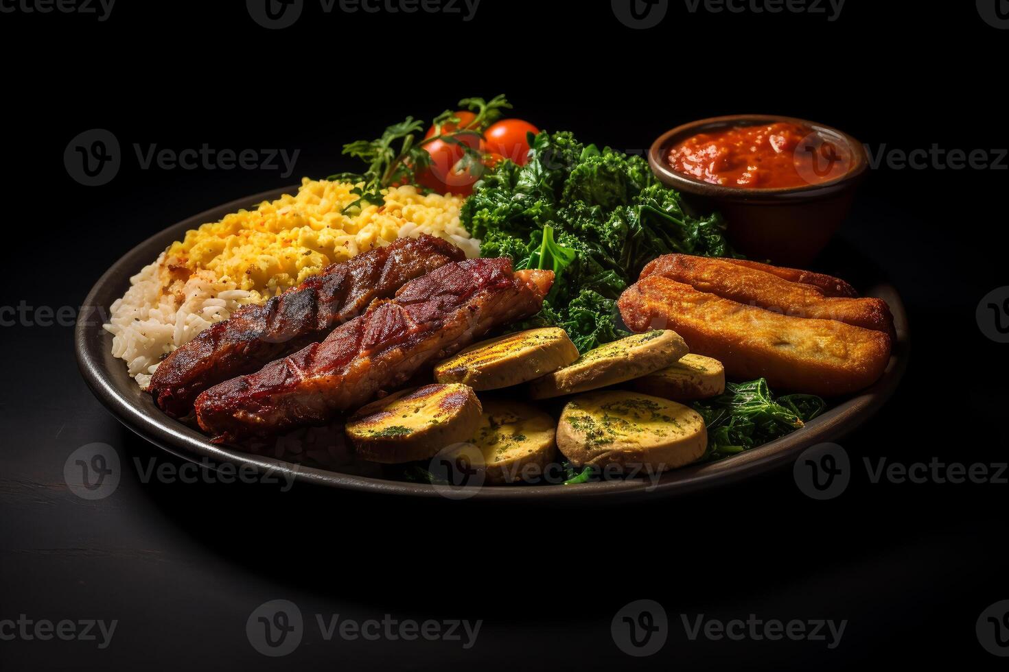 plate with typical brazilian food healthy plate, dark background. photo