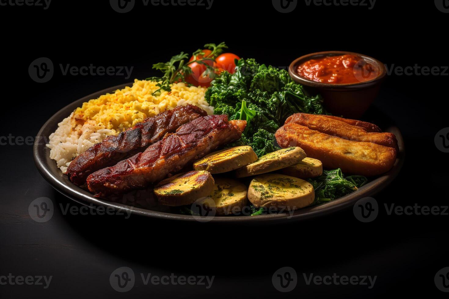 plato con típico brasileño comida sano lámina, oscuro fondo.ai generativo foto