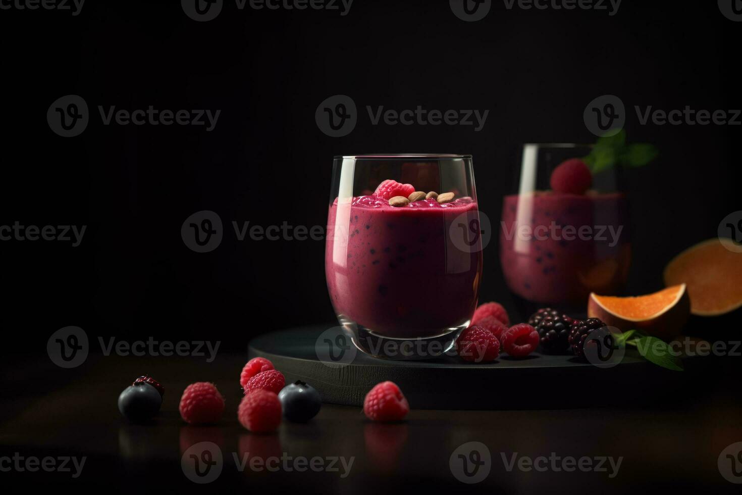 Homemade antioxidant summer fruits smoothie on rustic table. ai generative photo