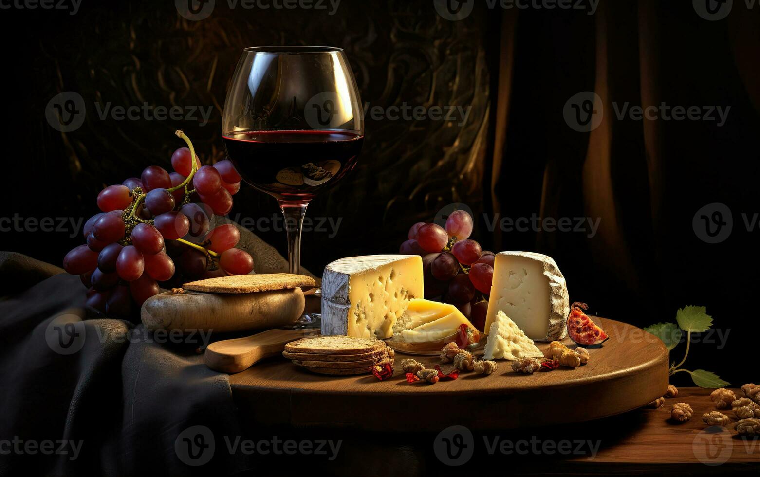 Wine, cheeses and grapes in a vintage setup. Created with Generative AI photo