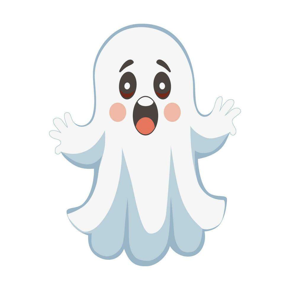 Cute ghost illustration for Halloween, featuring large eyes, an open mouth, and a white shroud. Monster for Halloween. Little spirit in flat style. Vector illustration.