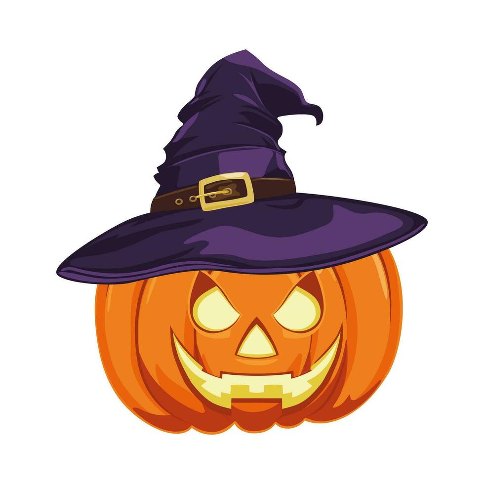 Halloween pumpkin jack o lantern with witch hat in cartoon style. Design element for Halloween, Thanksgiving, harvest festival. Diet vegetable. Vector illustration.