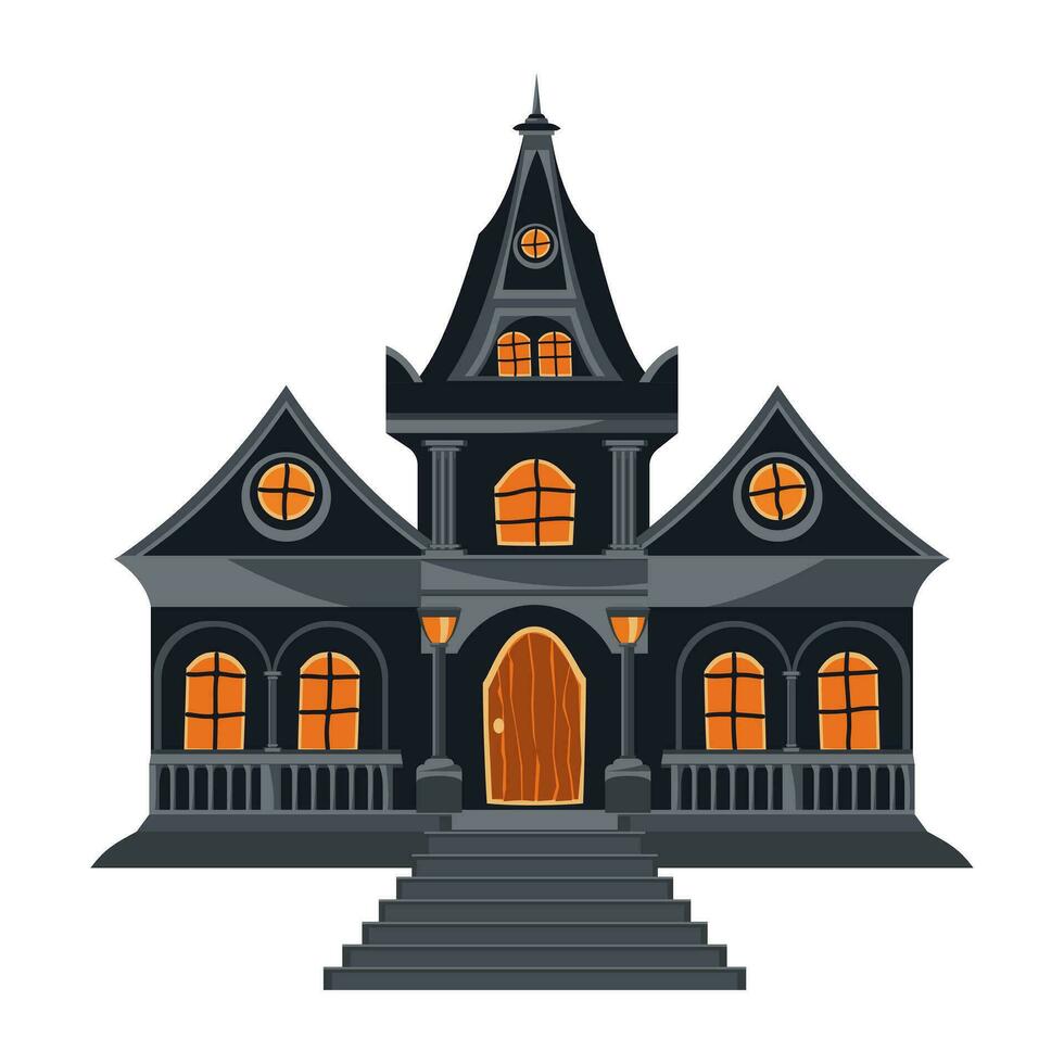 Halloween gloomy gray house with stairs, orange windows and a door. Gothic architecture in flat style. Cartoon haunted house. Vector illustration.