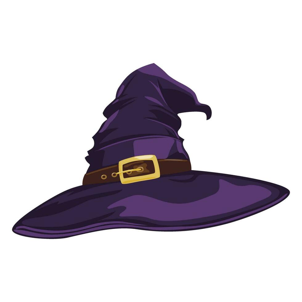 Halloween witch hat. Purple witch hat with brown belt and gold buckle. Wizard hat isolated. Design element, accessory for Halloween celebration. Vector illustration.