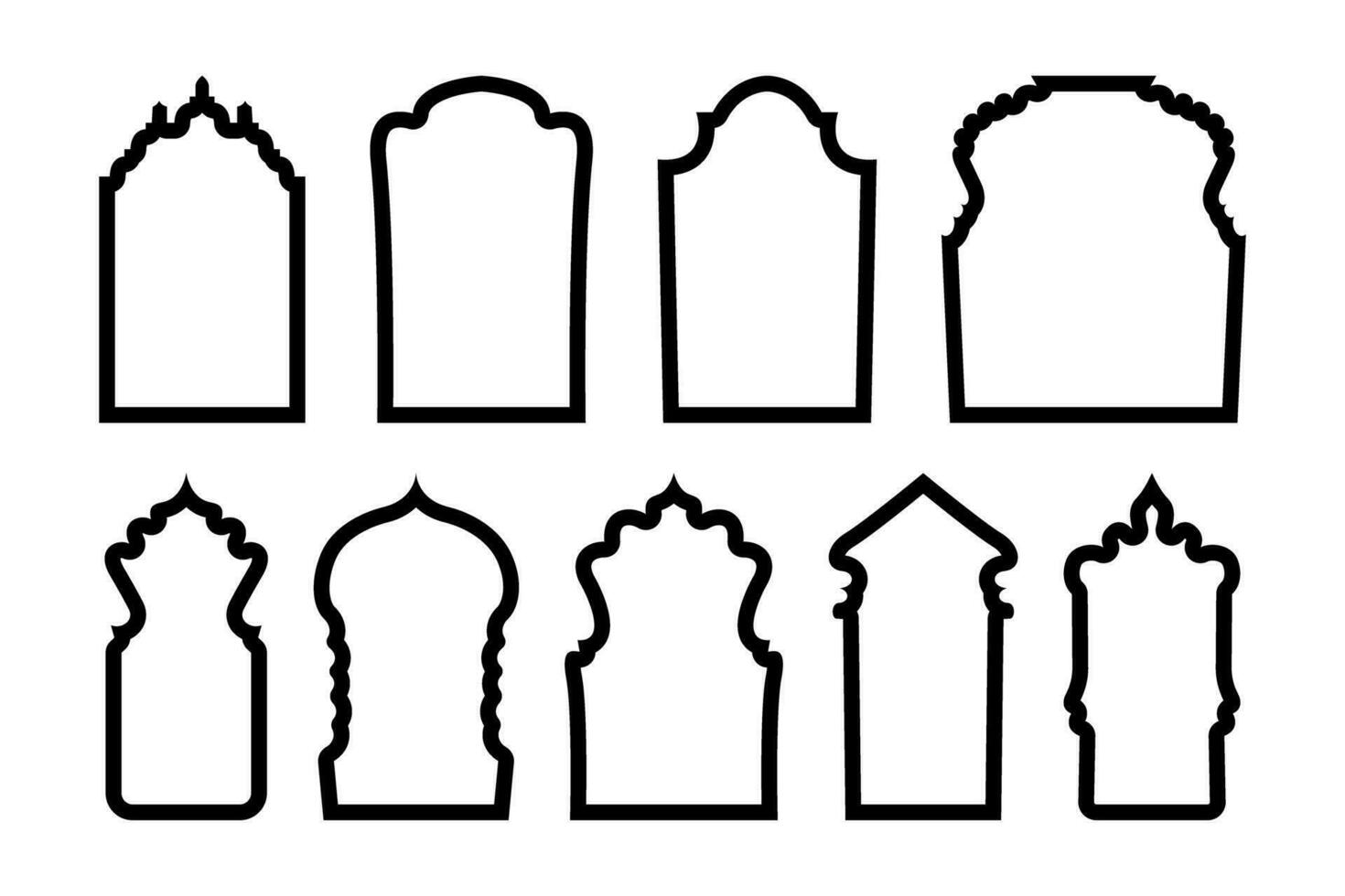 Collection isolated simple frame in arabic style. Outline of Islamic arch window and door. Oriental design geometric shape. Vector illustration.