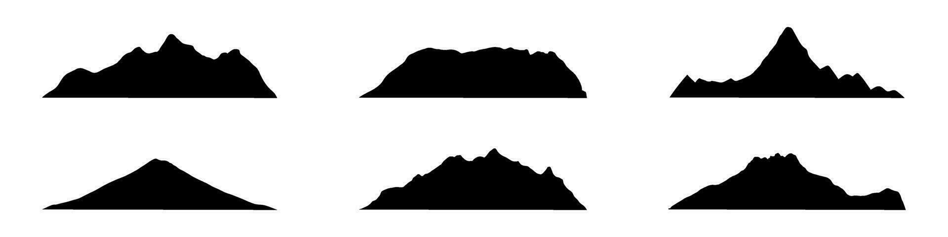 montaña icono con silueta rango. contorno de Alpes con Nevado tapas, colinas y negro rocas plano vector ilustraciones aislado en antecedentes.