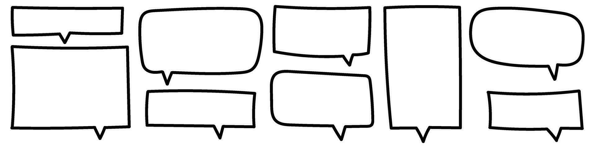 Speech bubbles and text balloons, drawn with comic line. Hand drawn frame elements set. dialogue and talk representation. Flat vector illustration isolated on white background.