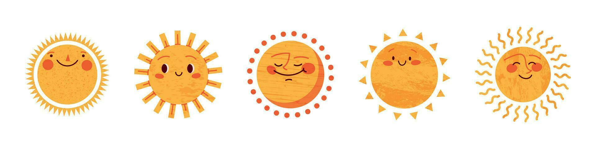 Sun icon, cute sunshine with a happy smile. Summer doodle character, sunny face for kids, hand drawn emoji, and cheerful morning sketch. Flat vector illustrations isolated in background.