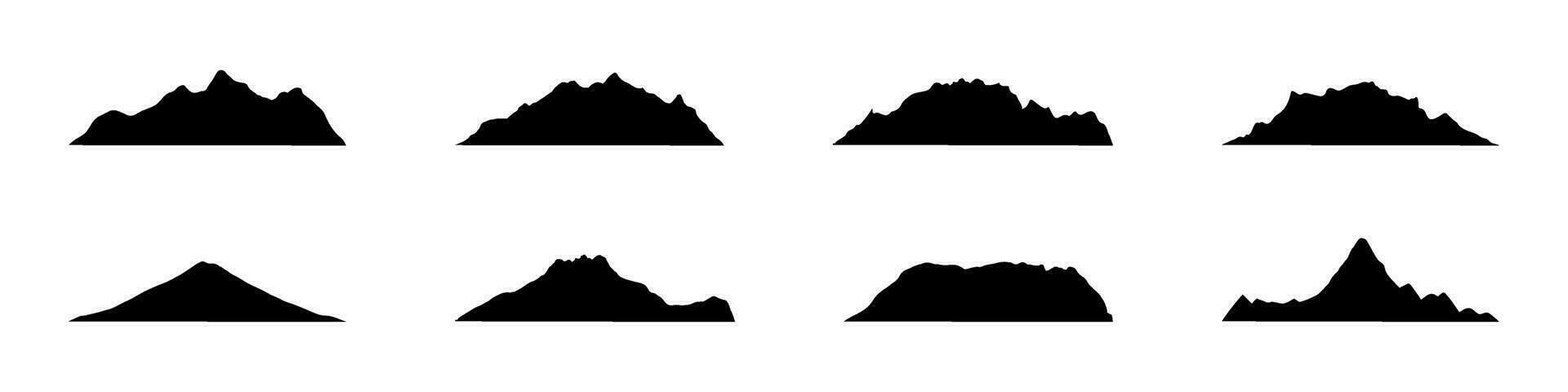 Mountain icon with snowy range silhouette. Alps, hill, black rock and white landscape, icy mount. Flat vector illustrations isolated in background.