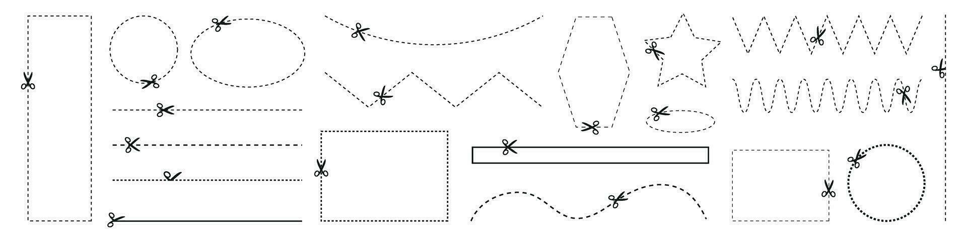 cortar línea icono con cortar con tijeras representación. cortar aquí guía, cupón guión símbolo con punto detalles. firmar y marca en cuadrado forma. plano vector ilustraciones aislado en antecedentes.