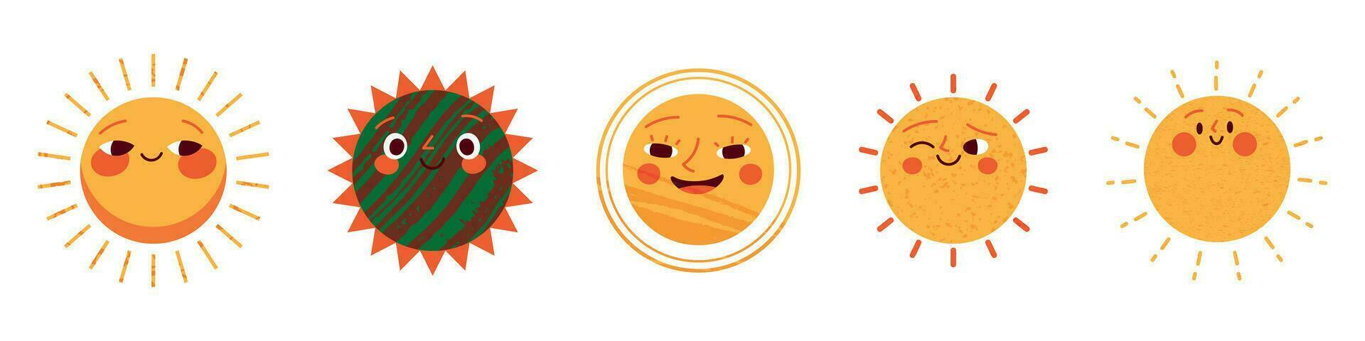Sun character, cute and smiling, sunny summer. Childish cartoon sticker, hand drawn face, children's doodles. Flat vector illustrations isolated in background.