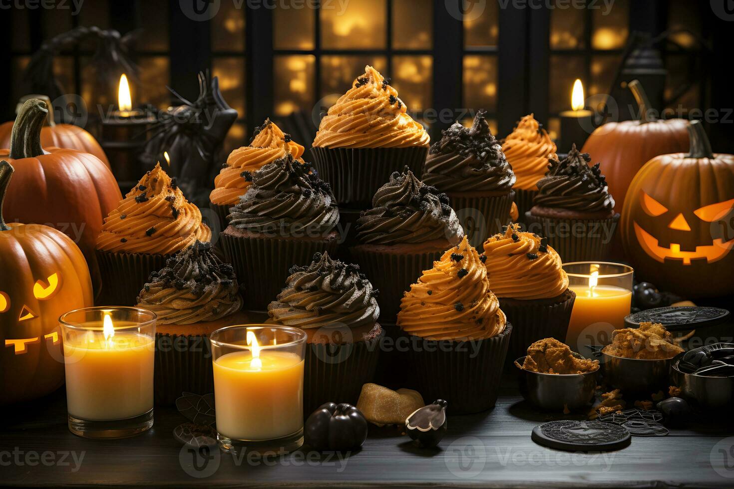 adorable spooky colorful halloween cupcake, AI generated photo
