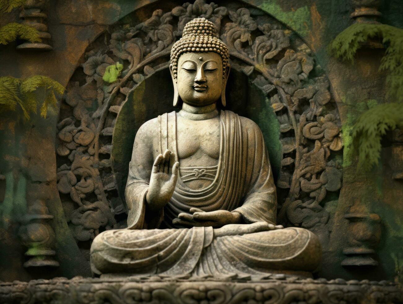 un Buda estatua con sus ojos cerca, a amanecer foto