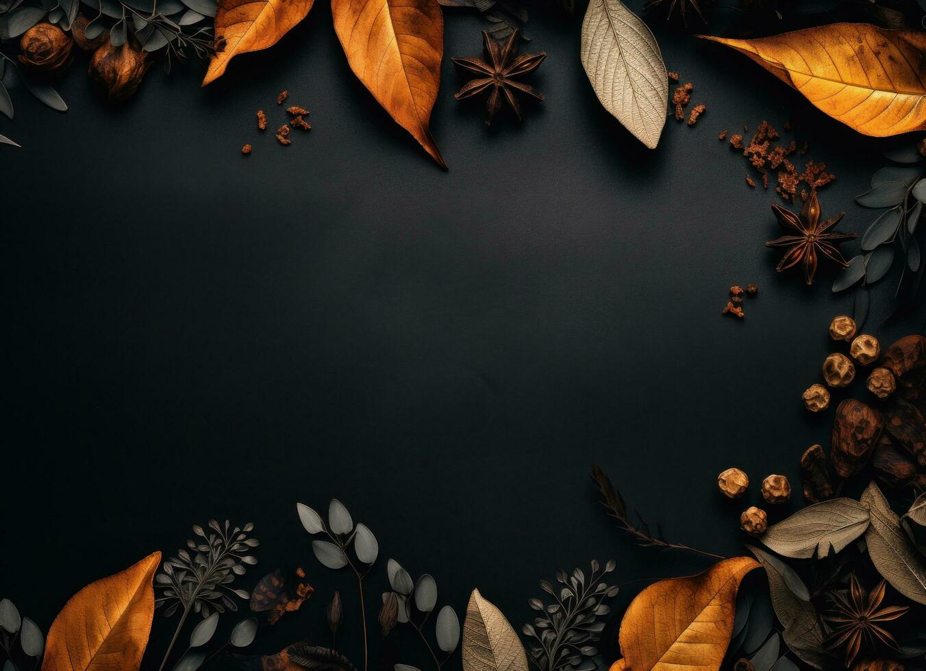 otoño hojas y especias en negro antecedentes foto