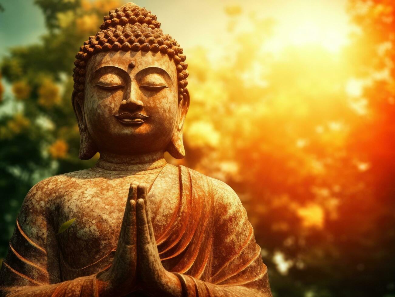A buddha statue with its eyes close, at sunrise photo