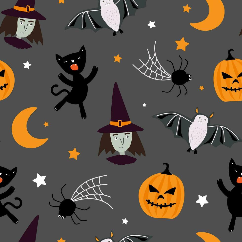 Seamless pattern for Halloween. A witch in a hat, a black cat, a pumpkin, a bat, a spider with a cobweb, against the backdrop of the moon and stars. Vector graphics.