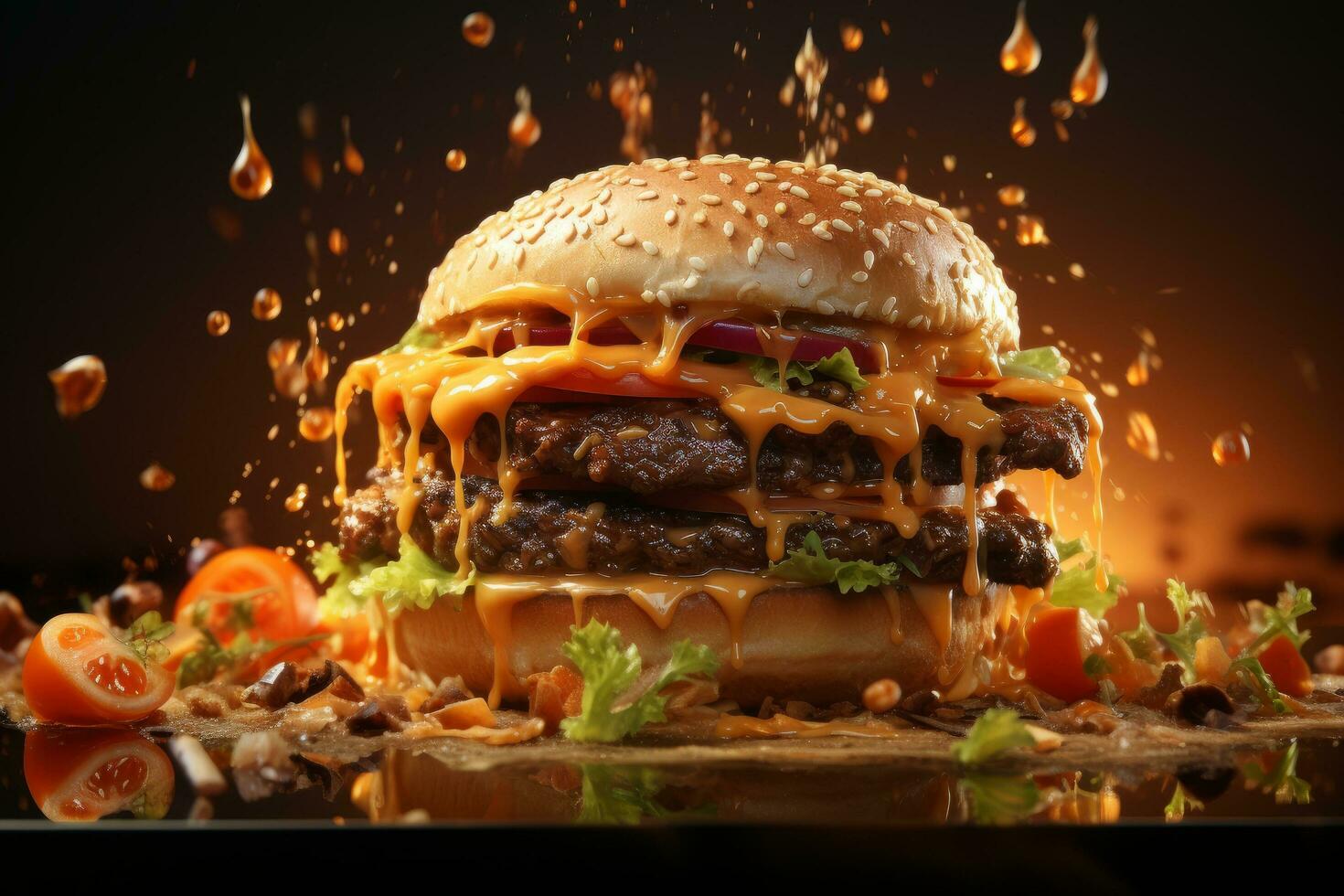 Double hamburger isolated on orange background Fresh burger fast food with beef and cream cheese photo