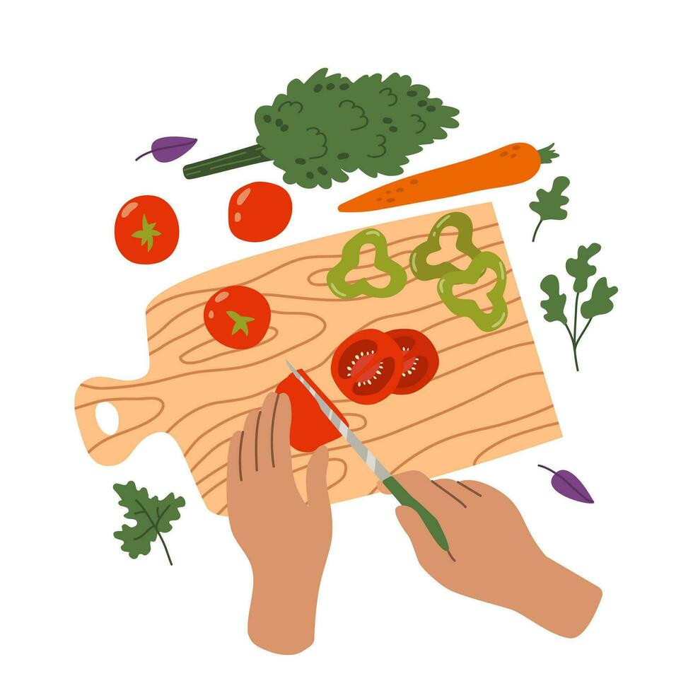 hogar envase. manos cortar vegetales con un cuchillo en corte tablero. tomates, zanahoria, pimienta, verduras. Cocinando comida proceso. vistoso plano vector ilustración.