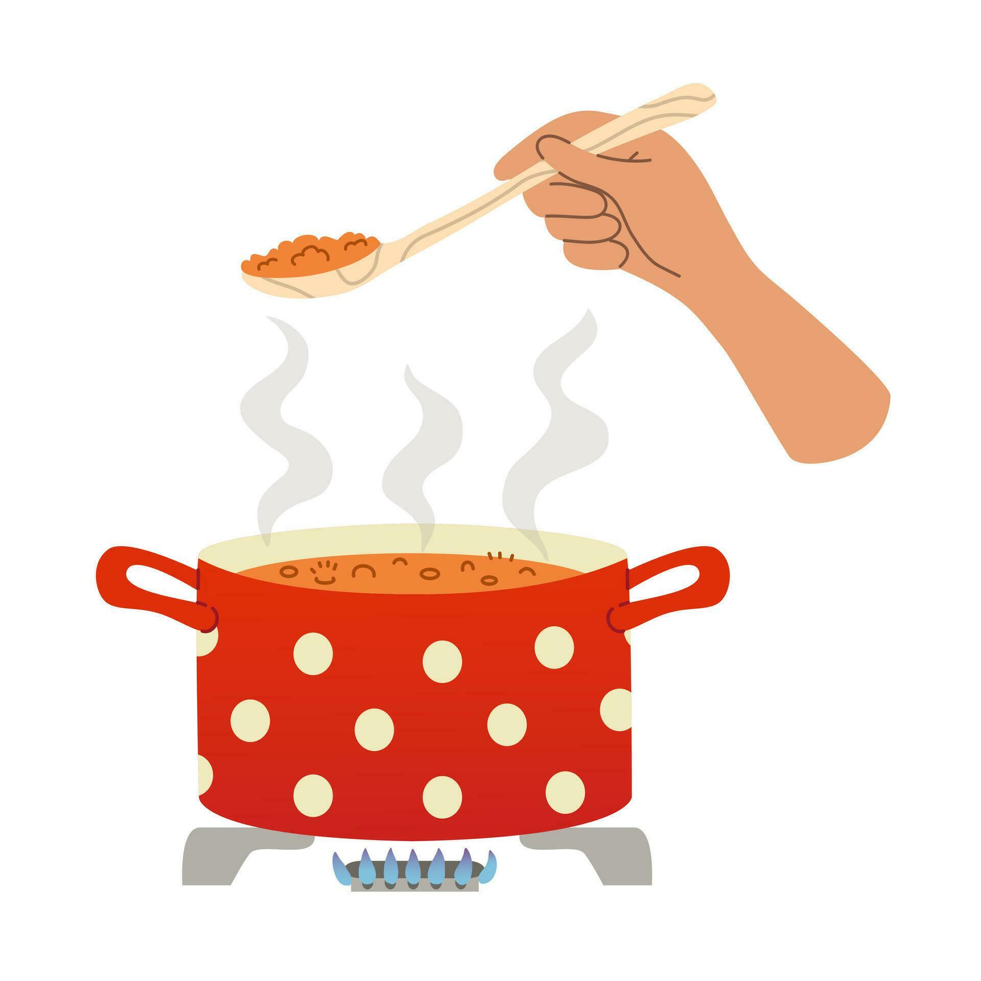 Hand hold spoon with food Meal cooked in saucepan on a gas stove Home