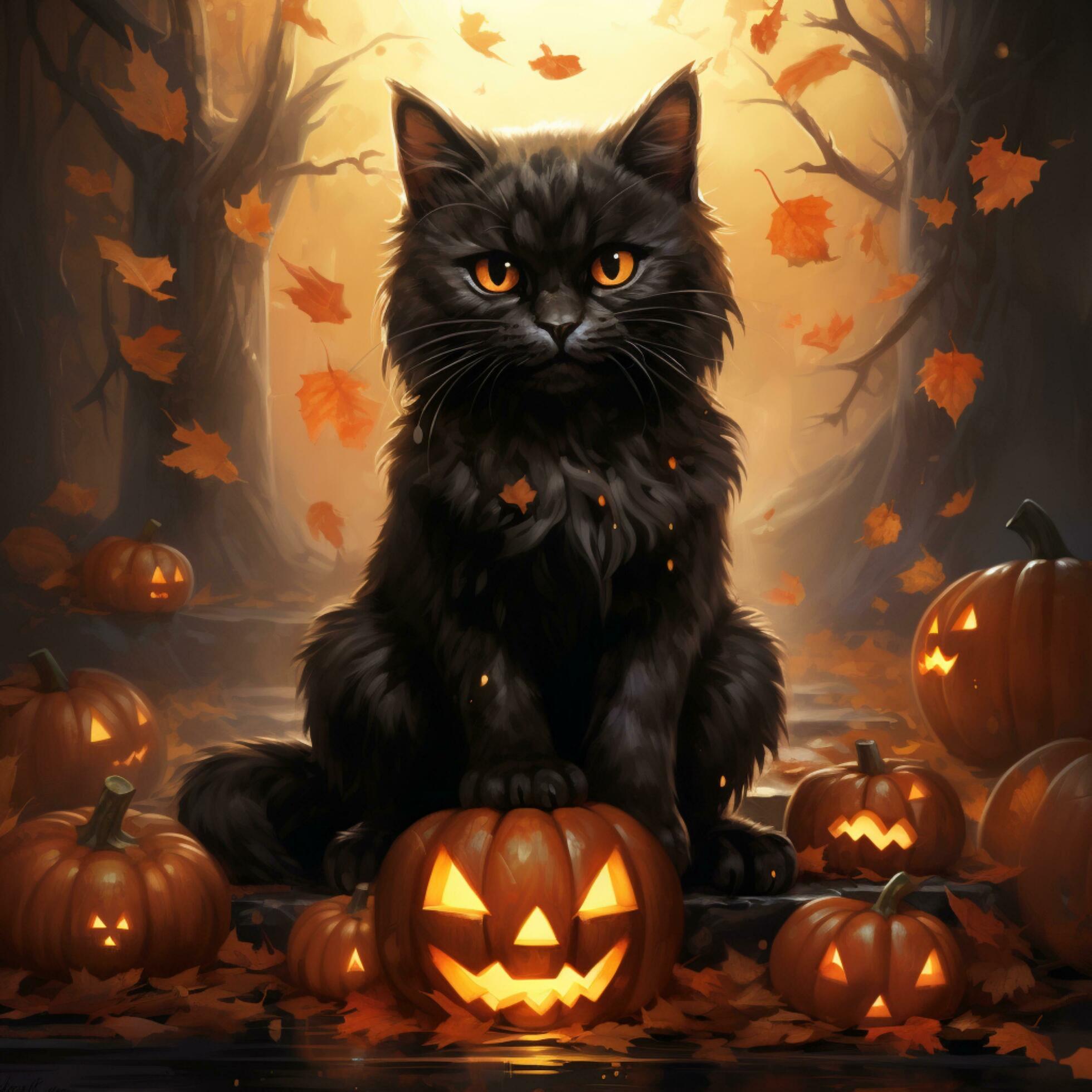 black-cat-with-pumpkins-halloween-theme-background-27789142-stock-photo