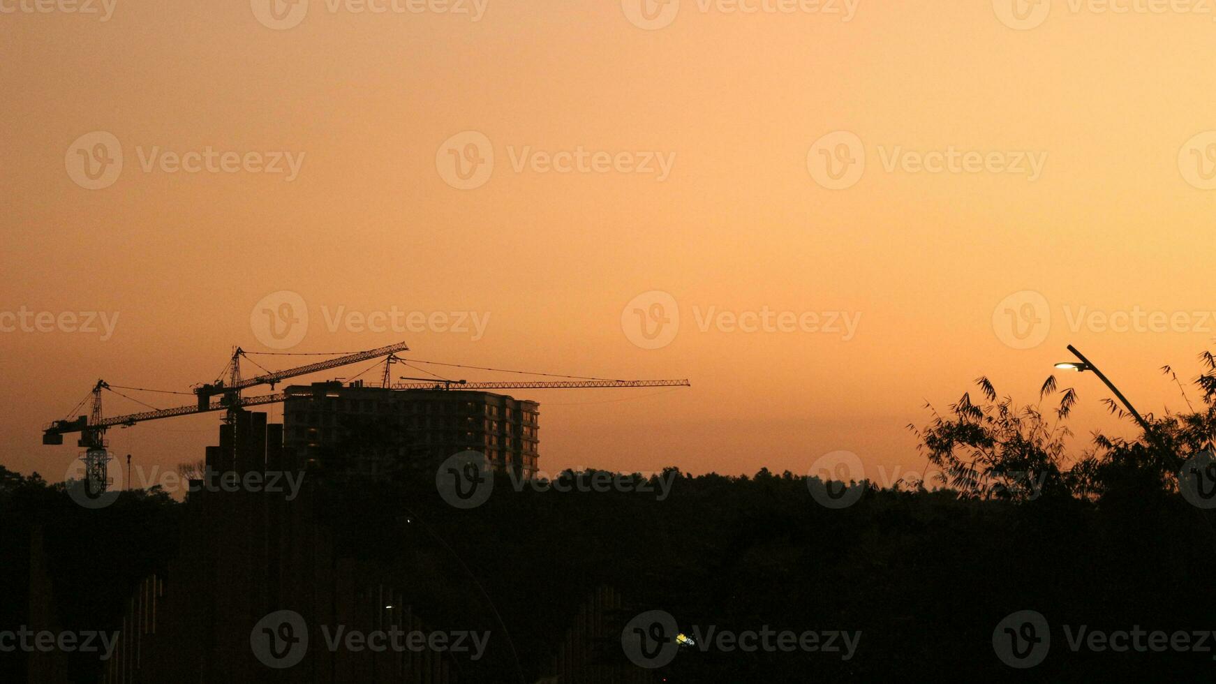 Sunset view from the street with silhouettes of trees photo