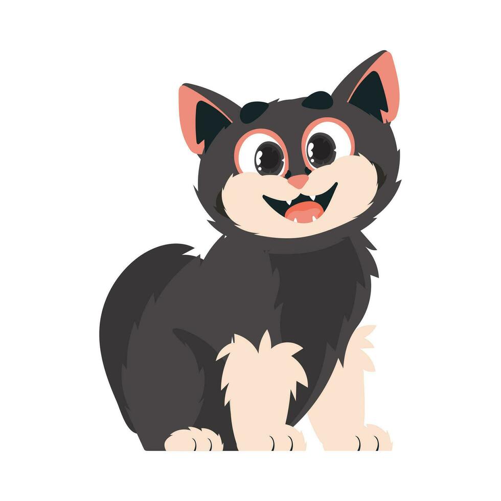 Funny black cat. Smiling kitten. Cartoon style, vector illustration