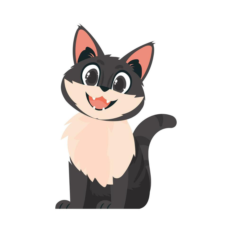 Funny black cat. Smiling kitten. Cartoon style, vector illustration