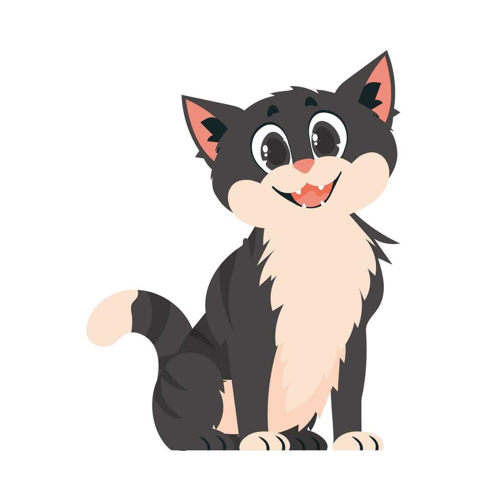 Funny black cat. Smiling kitten. Cartoon style, vector illustration