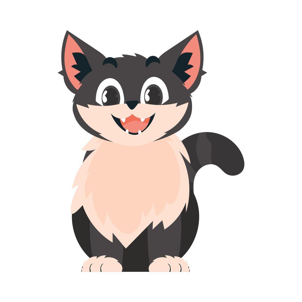 Funny black cat. Smiling kitten. Cartoon style, vector illustration