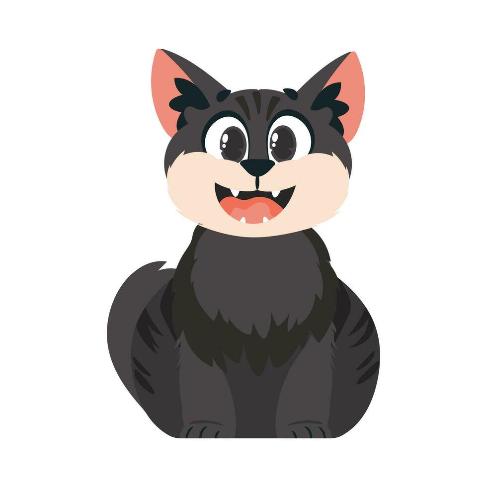 Funny black cat. Smiling kitten. Cartoon style, vector illustration